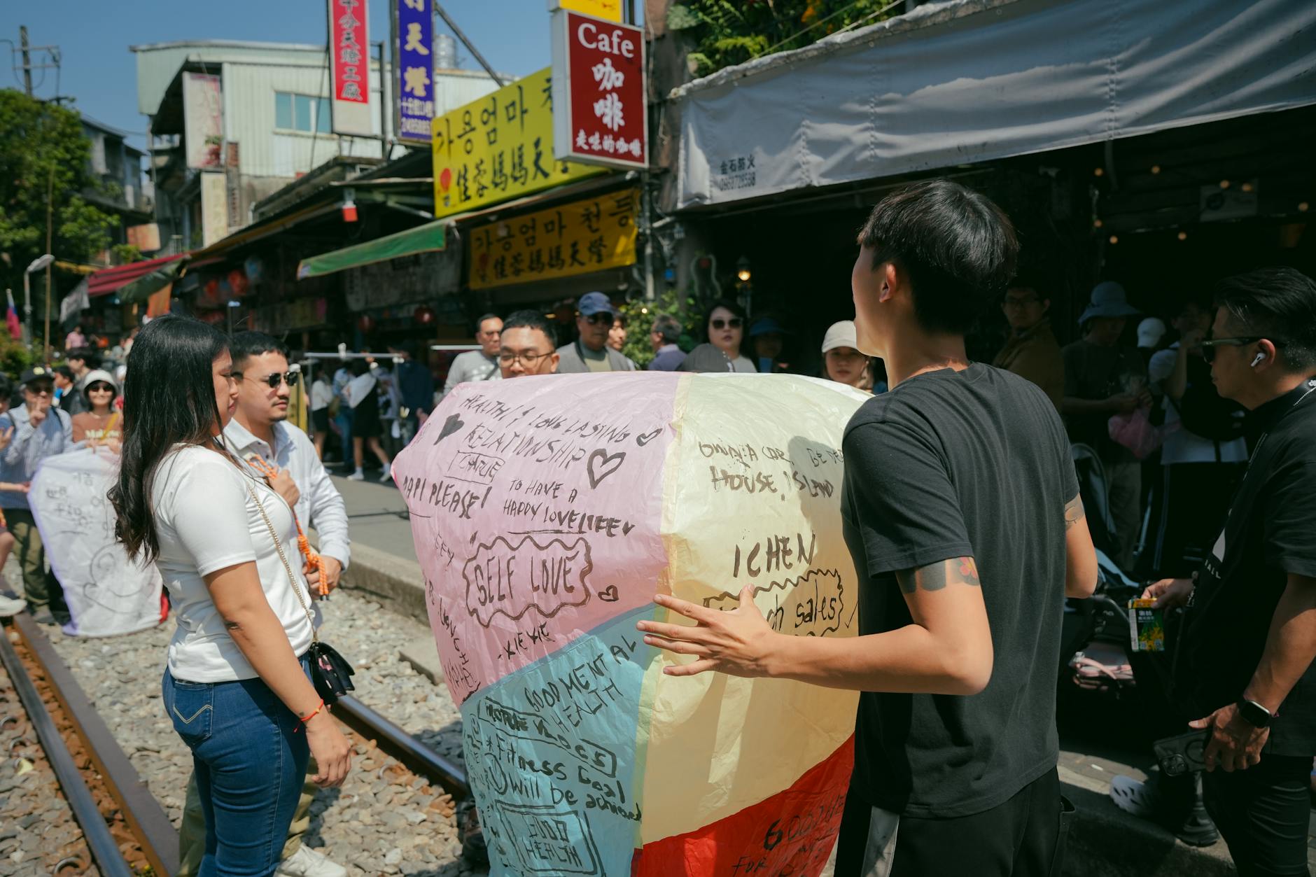 Sky lanterns being released at Shifen Old Street