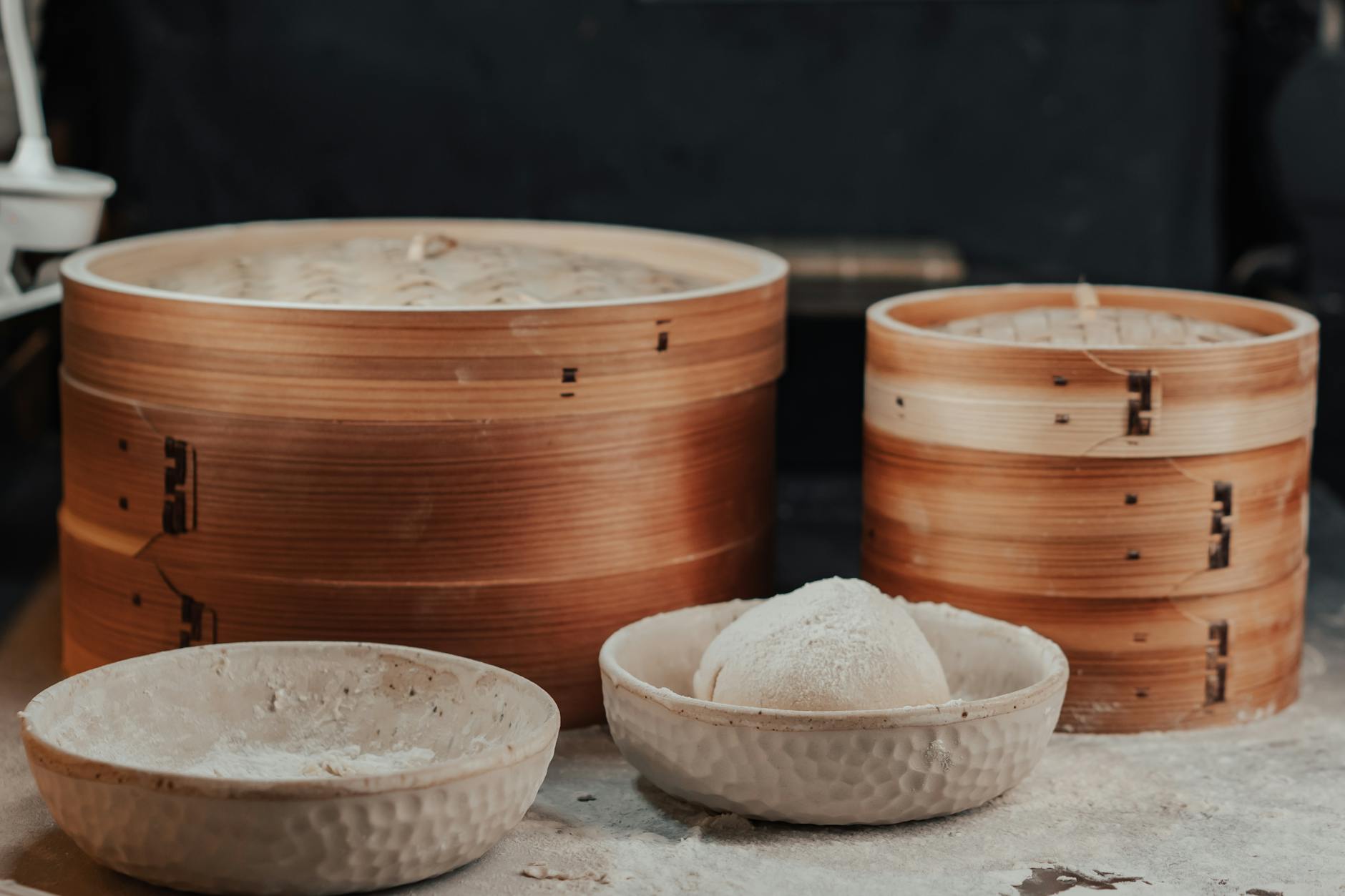 Steamer baskets of dumplings at a dumpling restaurant in Taipei