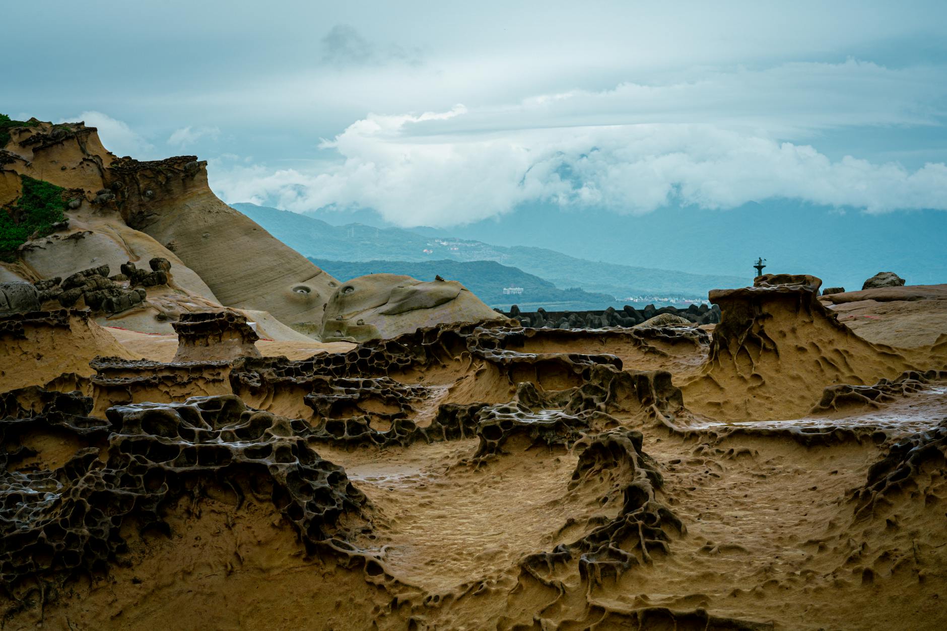 Wind-eroded rock formations at Yehliu Geopark