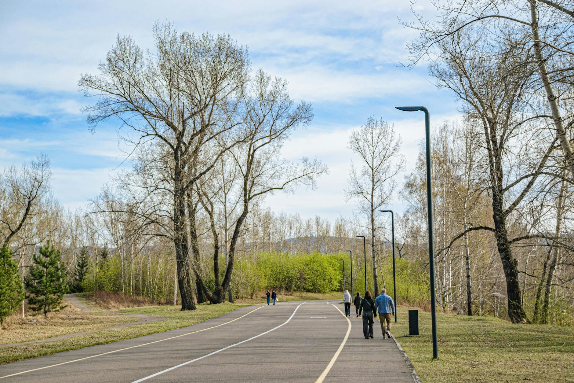 People enjoying a leisurely walk in a picturesque park