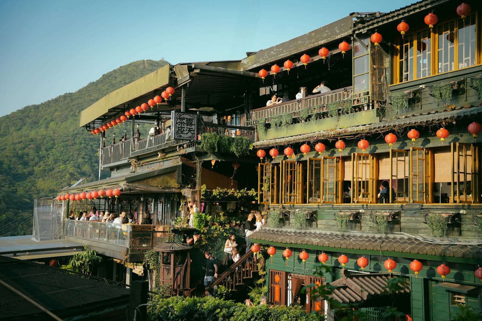 Traditional Maokong tea house with terrace and panoramic Taipei view