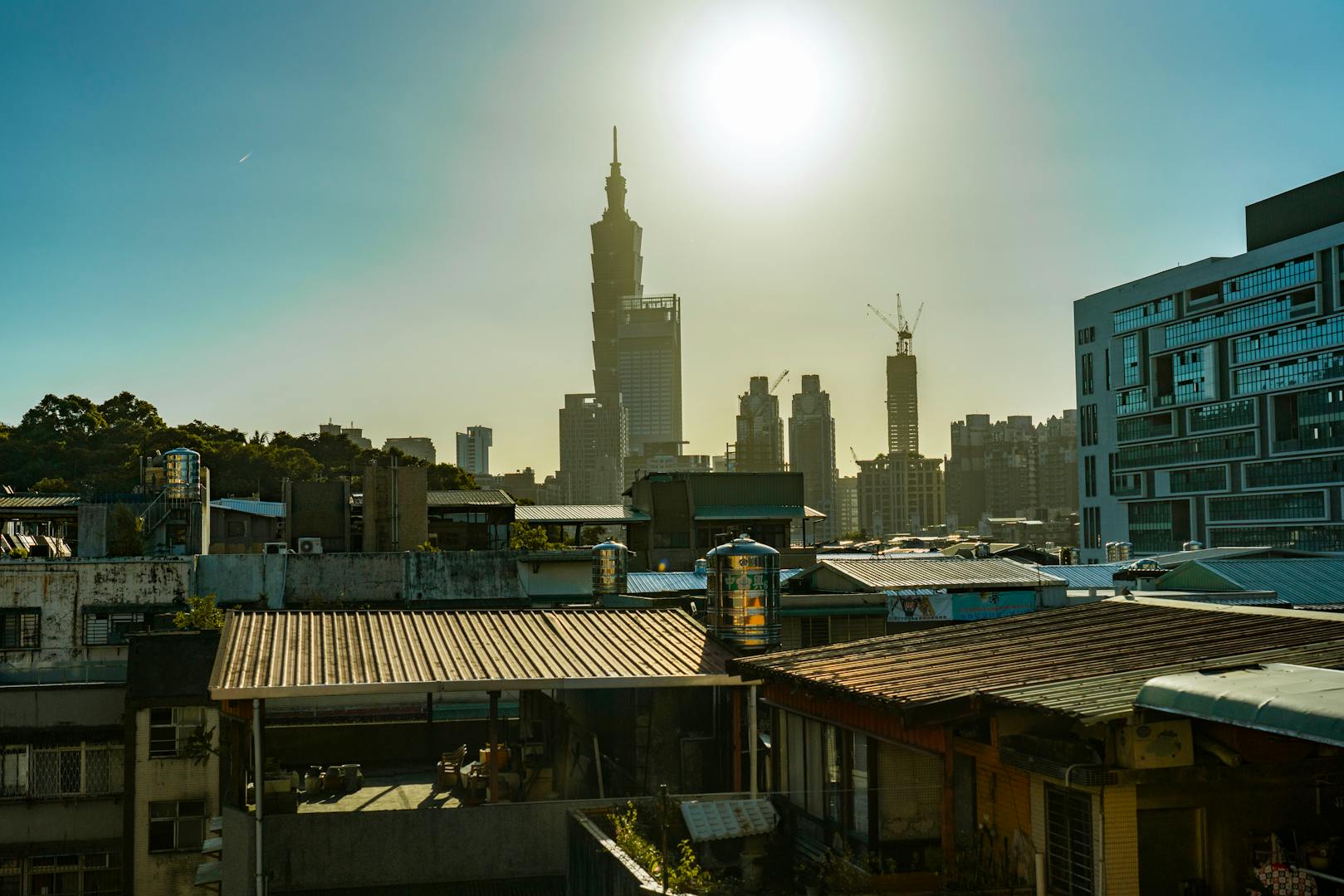 Taipei skyline in hot summer July weather with bright sun