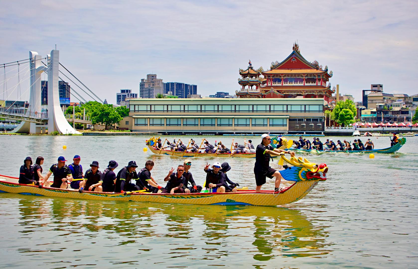 Dragon boat racing on a Taipei river during June Dragon Boat Festival