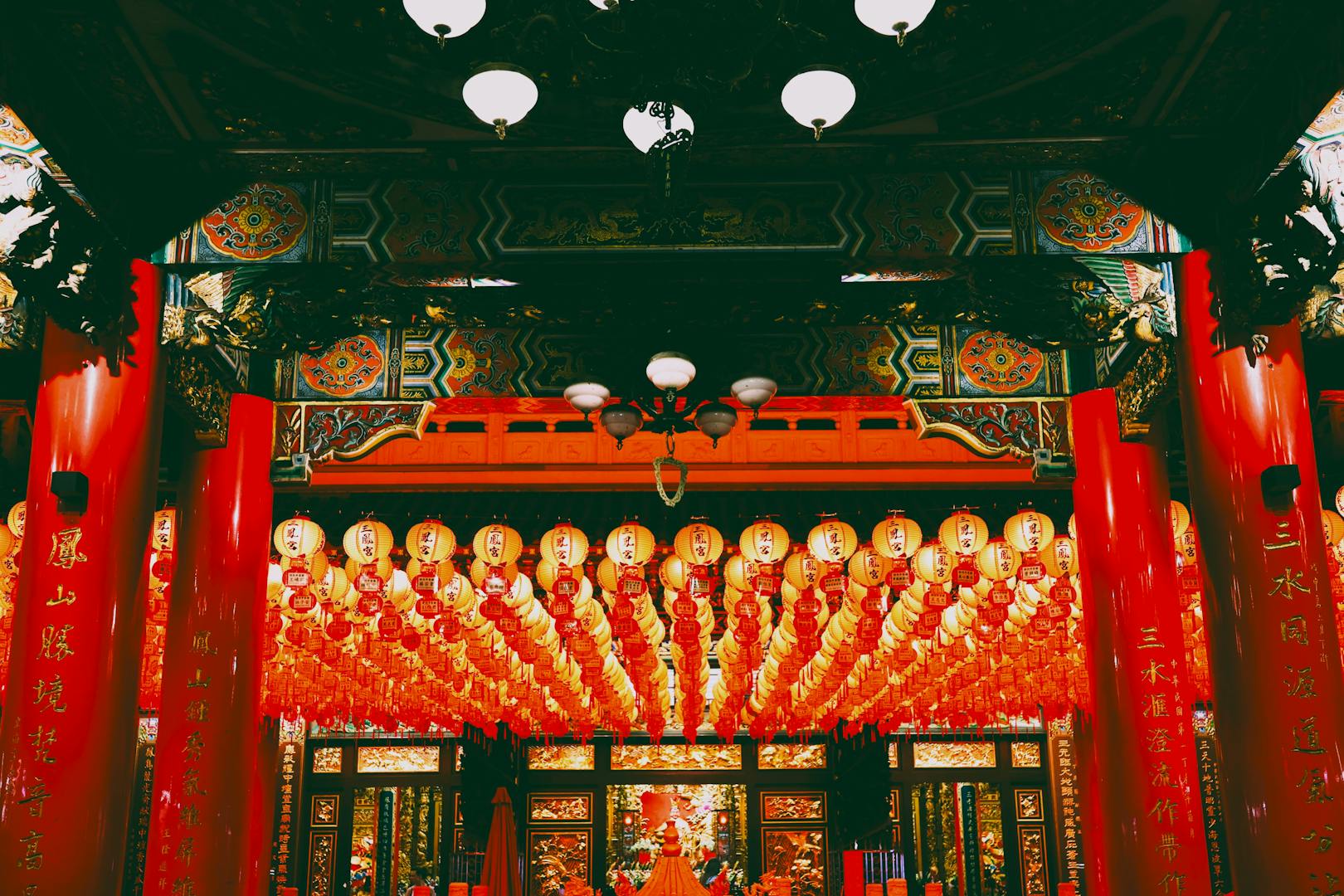 Traditional Chinese temple architecture in Taipei with dragon carvings