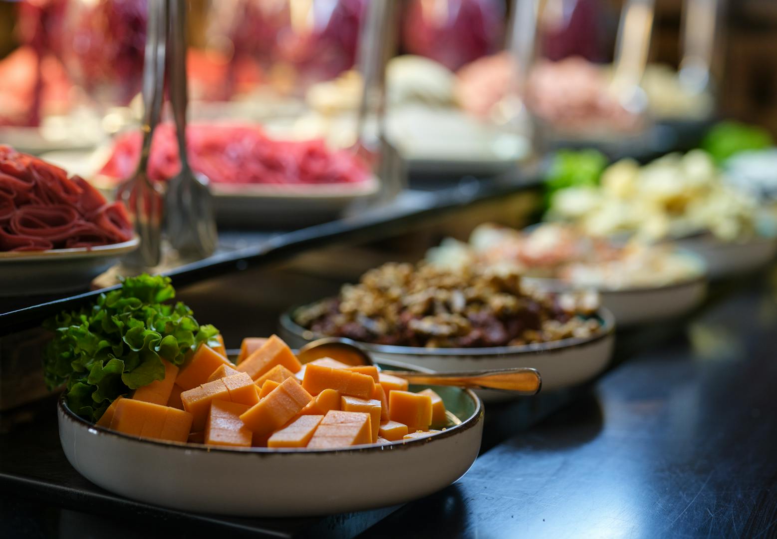 Vegetarian Taiwanese buffet spread with vegetables, tofu and rice at a Taipei restaurant