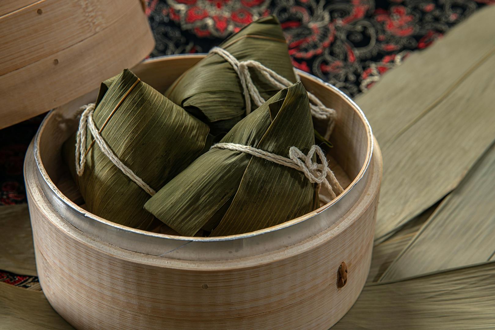 Traditional Taiwanese zongzi rice dumplings wrapped in bamboo leaves for Dragon Boat Festival