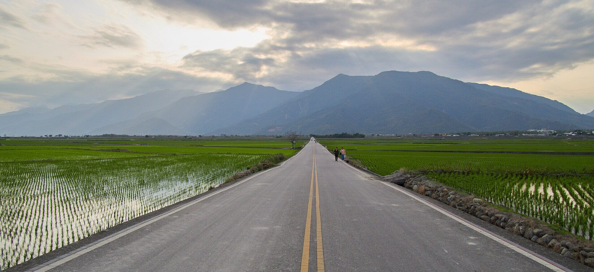 A straight country road between flooded rice paddies at Chishang with mountains beyond