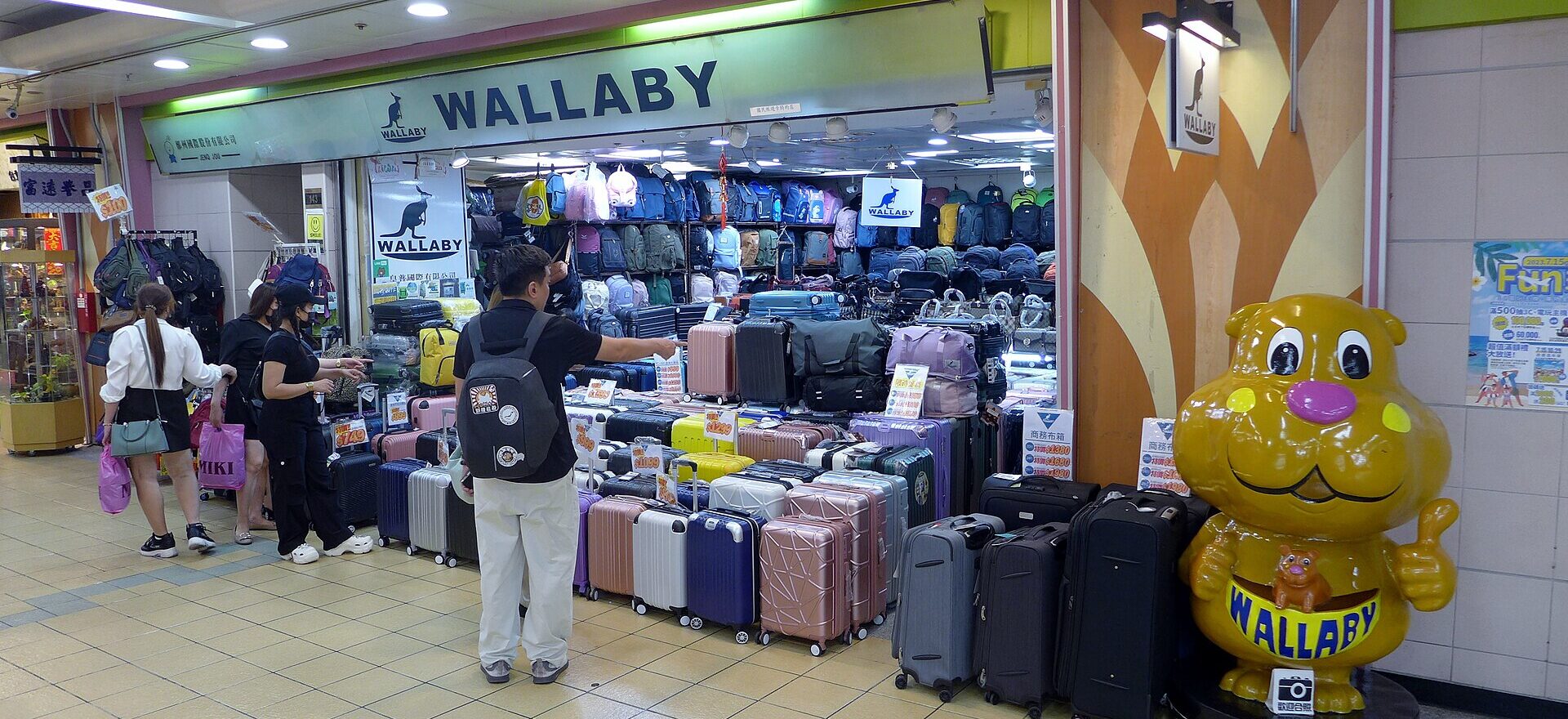 A backpack-wearing shopper browses rows of wheeled suitcases and backpacks at a luggage shop inside Taipei City Mall.
