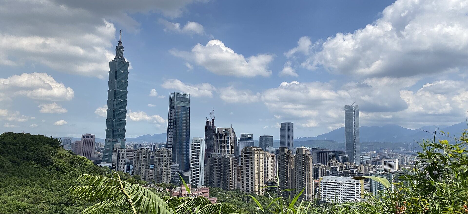 Taipei 101 and neighboring towers rise beyond green hillside vegetation beneath a blue sky with scattered large white clouds.